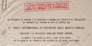 Invitación del acto de entrega del III Premio Internacional de Periodismo Julio Anguita Parrado