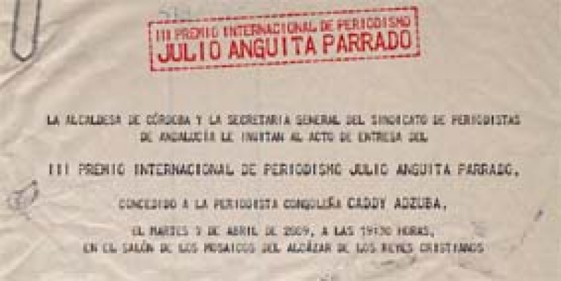 Invitación del acto de entrega del III Premio Internacional de Periodismo Julio Anguita Parrado